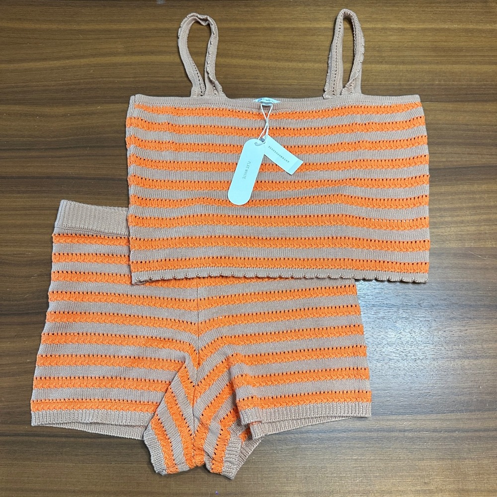 Anthropologie‎ Orange Tan Crochet Striped Knit Set Tank Shorts Beach XL NWT